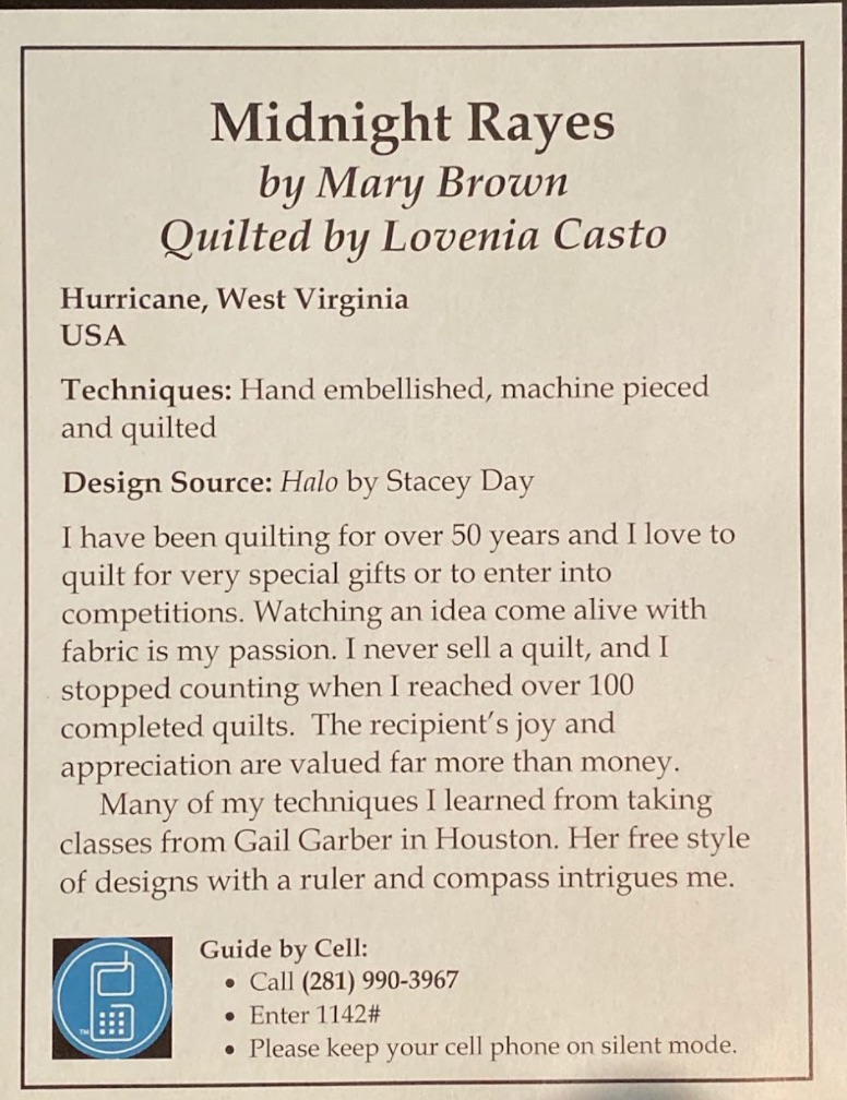 "Midnight Rayes" by Mary Brown, Quilted by Lovenia Casto - Sign